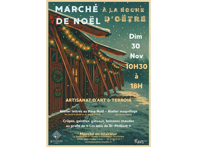 Roche doetre Affiche Rouge Vert Doré Géométrique Marché de Noël Illustratif