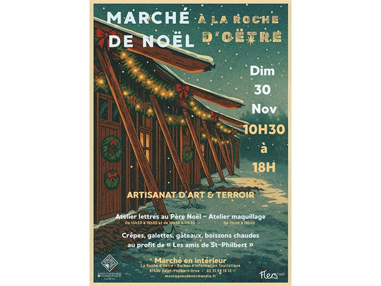 Roche doetre Affiche Rouge Vert Doré Géométrique Marché de Noël Illustratif