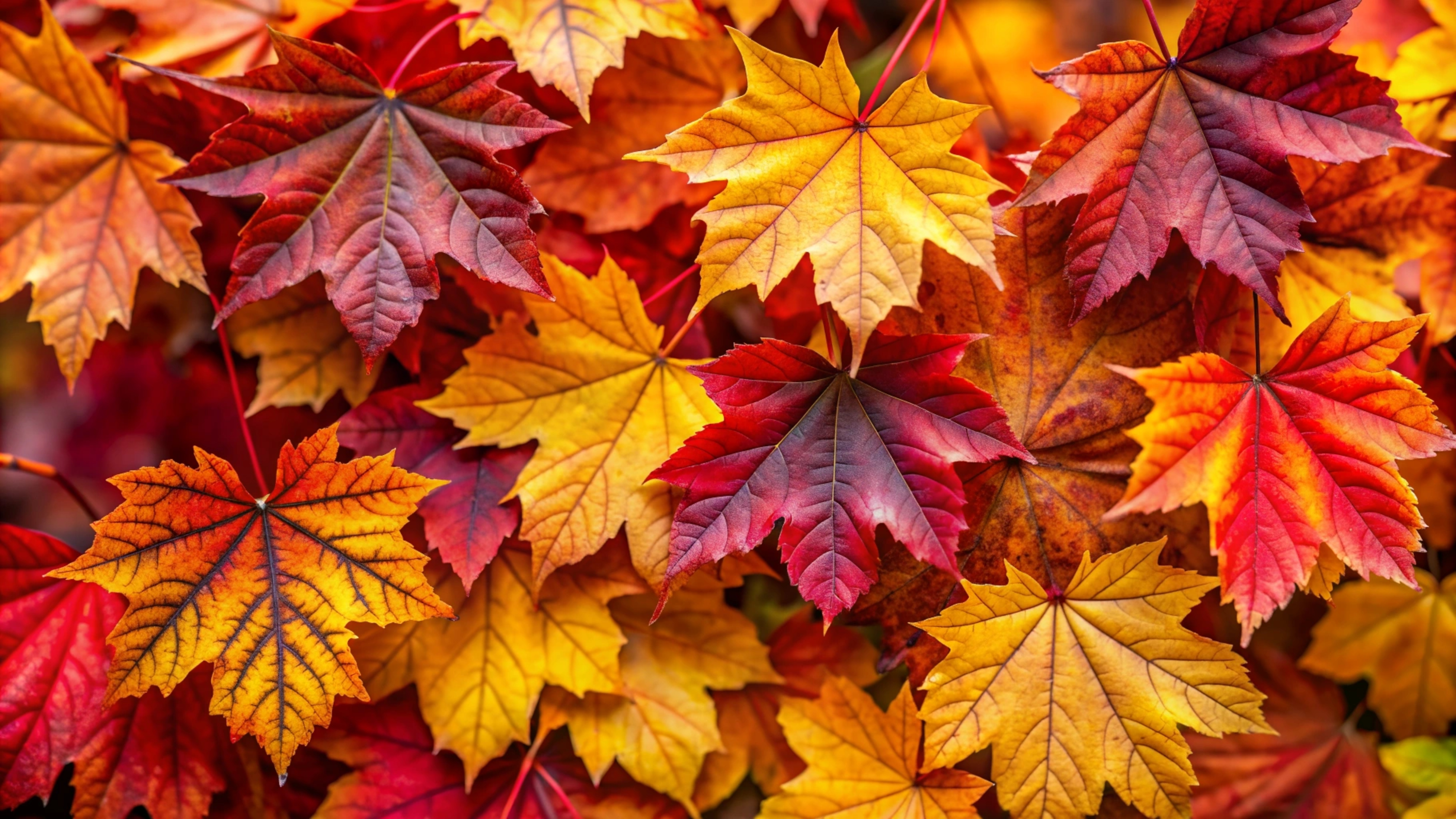 Closeup of autumn leaves in vibrant red, yellow, and orange hues.